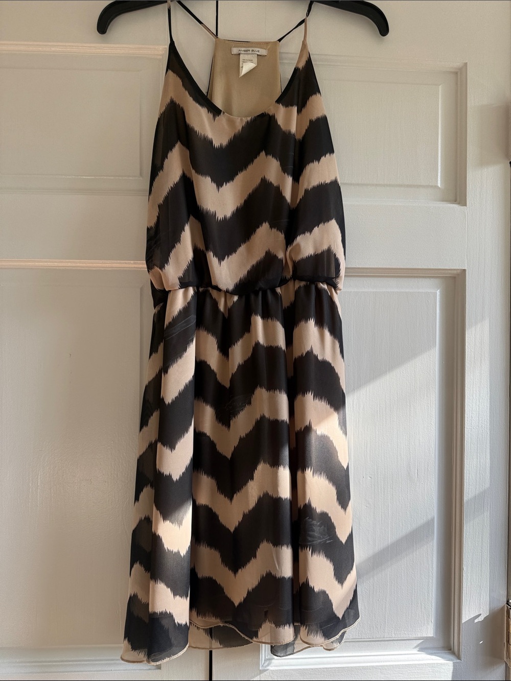 Spaghetti-Strap Chevron Midi Dress in Black and Beige